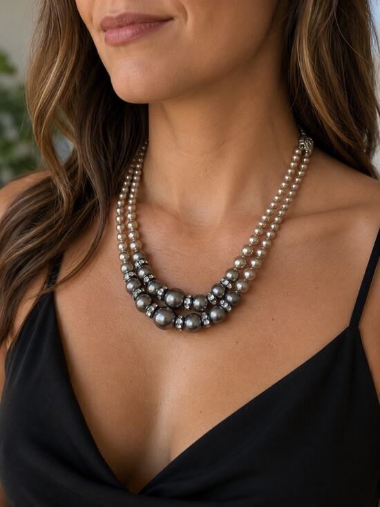 Unbranded Jewelry - Vintage Double Strand Faux Pearl Necklace Rhinestone Silver Tone